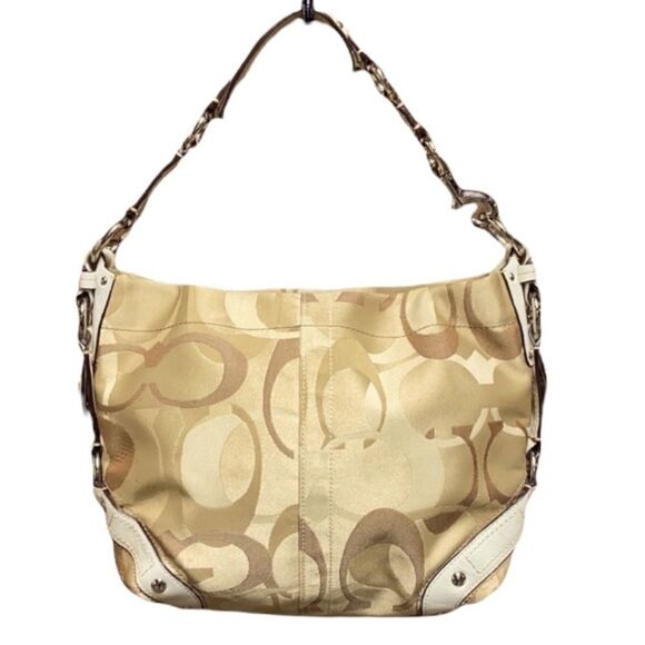 Coach Carly Signature Tan & Cream Leather Hobo Bag Authentic - Picture 1 of 9